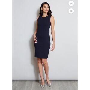Tahari Sheath Dress Sleeveless Round-Neck Classic Solid Navy Blue Size 10 NWT